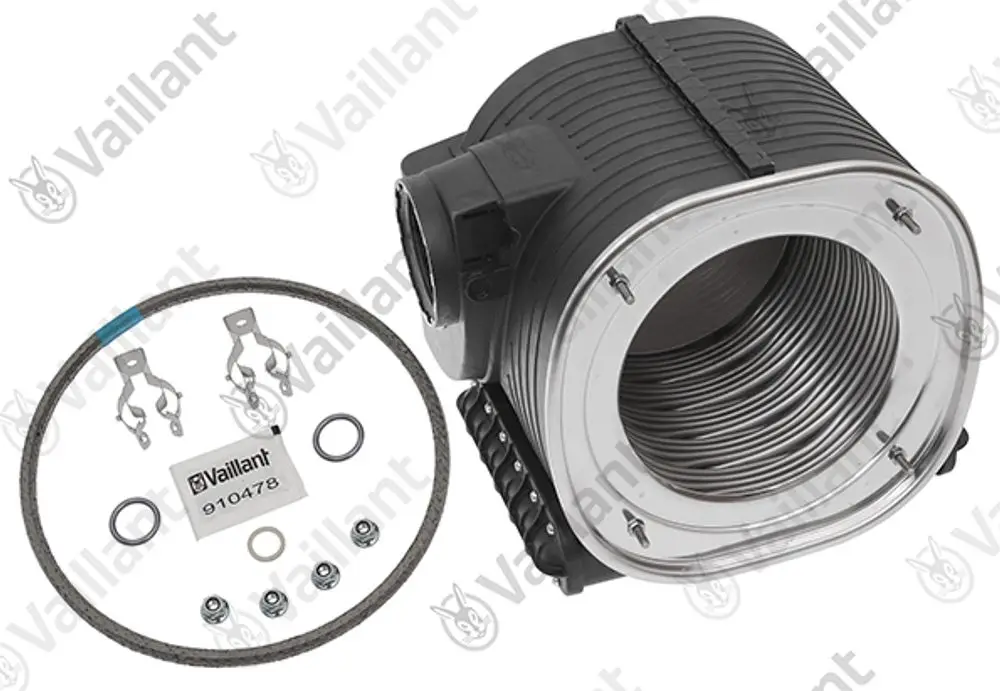 Vaillant Wärmetauscher, runde Bauform mit Anschlussstücke, Dichtungen und Montagematerial, geeignet für Heizungsanwendungen.